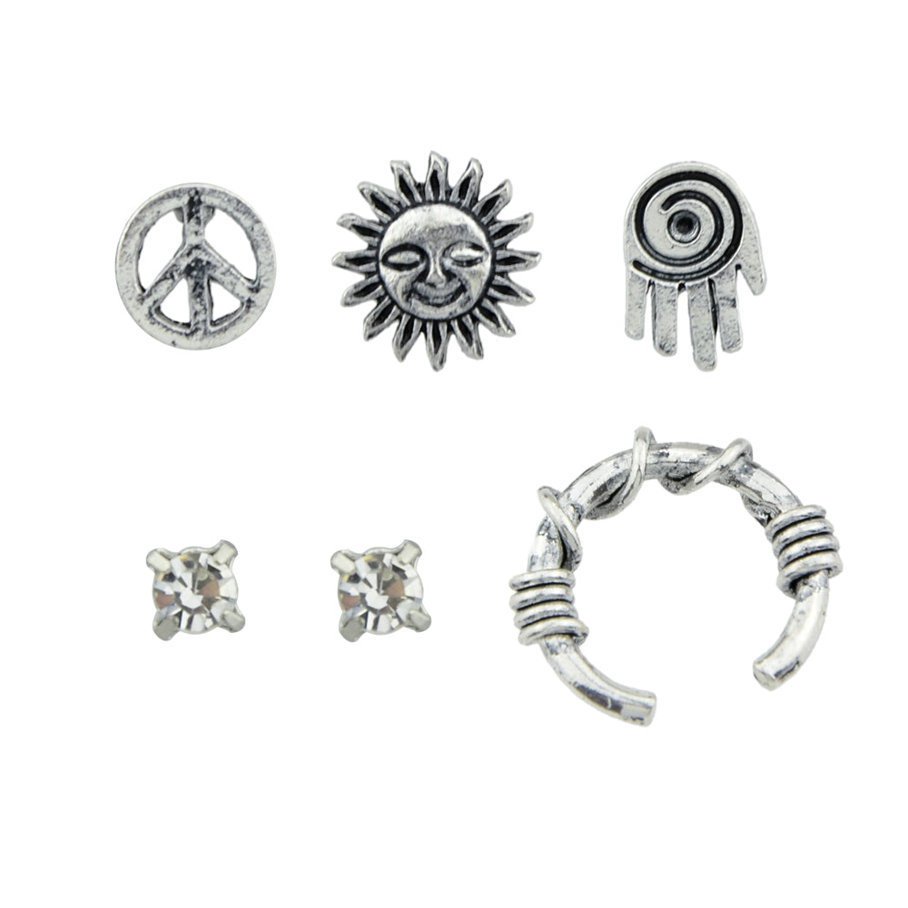 6 pcs Oxidized Intricate Antique Silver Sun Hand Vintage Stud Earrings Ear Cuff-2