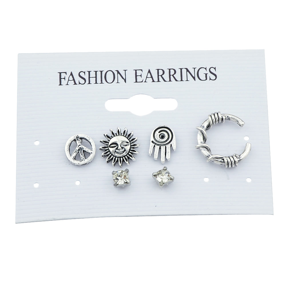 6 pcs Oxidized Intricate Antique Silver Sun Hand Vintage Stud Earrings Ear Cuff-3