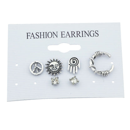 6 pcs Oxidized Intricate Antique Silver Sun Hand Vintage Stud Earrings Ear Cuff-3