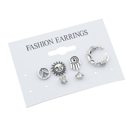 6 pcs Oxidized Intricate Antique Silver Sun Hand Vintage Stud Earrings Ear Cuff-4