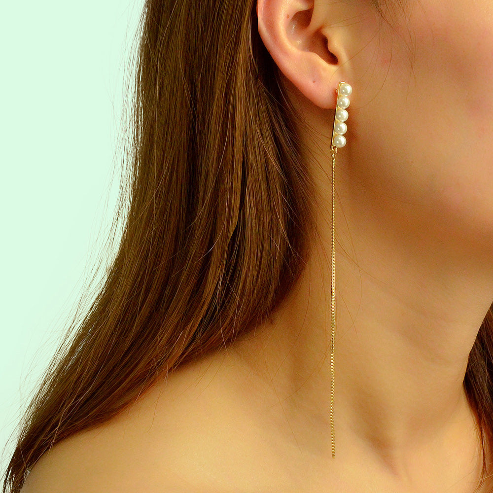 Designer Stylish Pearl Decor Long Gold Chain Charm Asymmetric Earrings Ear Cuff-0