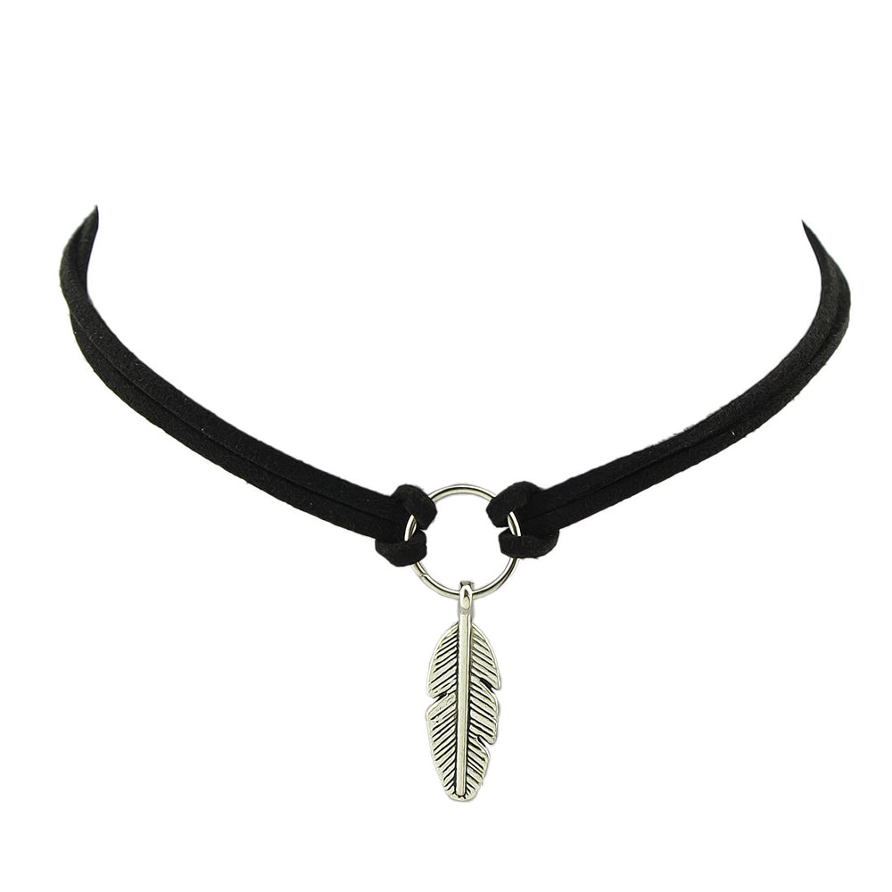 Gothic Leather Choker Feather Charm 90s Grunge Collar Double Layer Punk Necklace-1