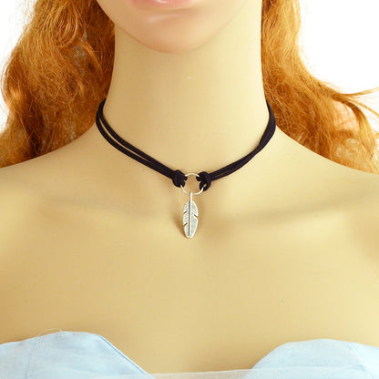 Gothic Leather Choker Feather Charm 90s Grunge Collar Double Layer Punk Necklace-4