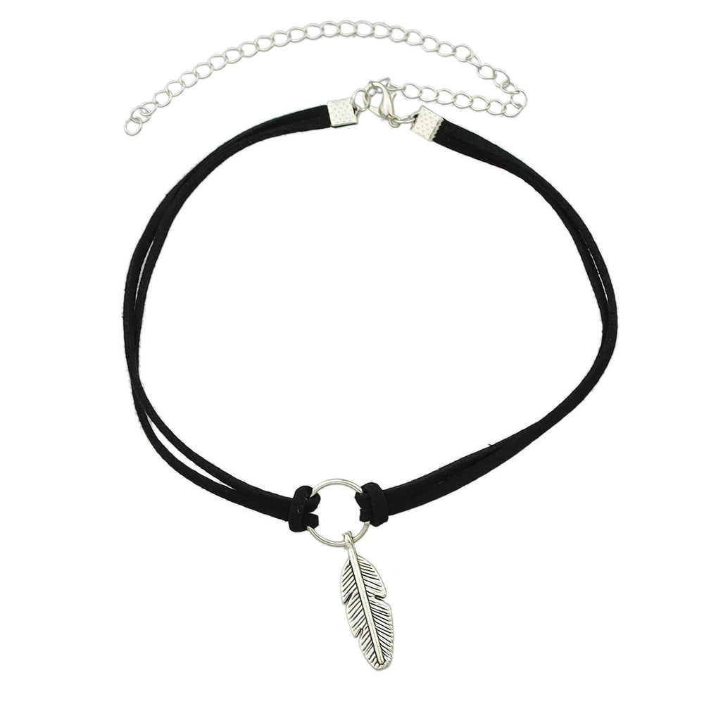 Gothic Leather Choker Feather Charm 90s Grunge Collar Double Layer Punk Necklace-2