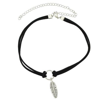 Gothic Leather Choker Feather Charm 90s Grunge Collar Double Layer Punk Necklace-2