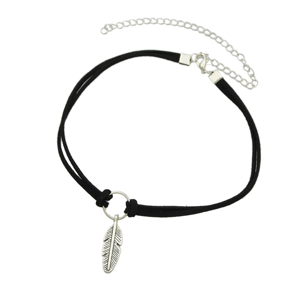 Gothic Leather Choker Feather Charm 90s Grunge Collar Double Layer Punk Necklace-3