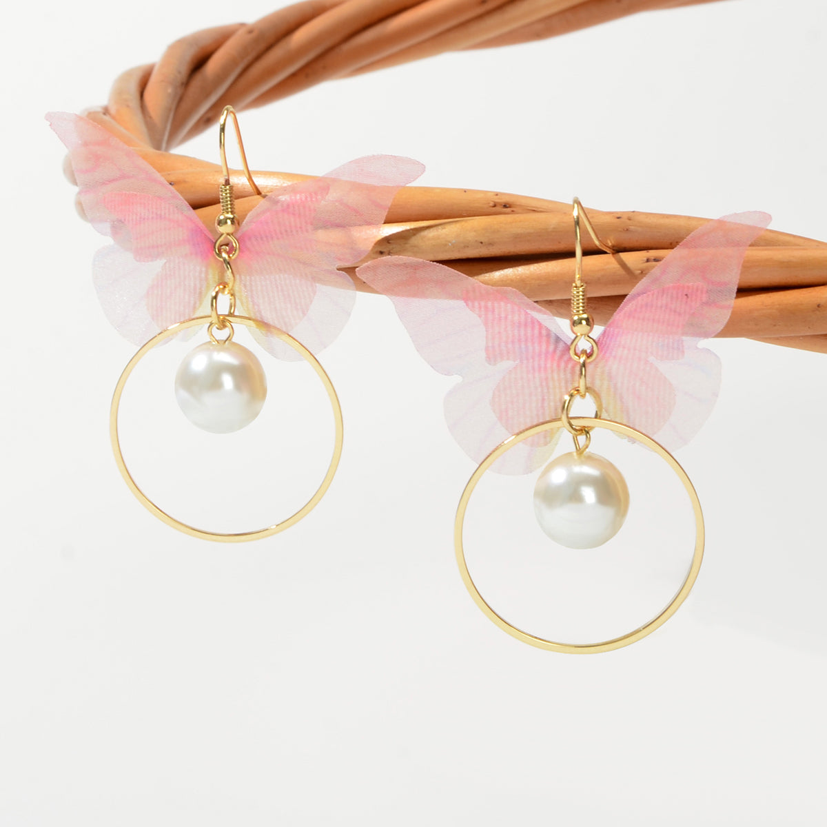 Pearl Beads Gold Circle Pink Butterfly Charm Earrings Best Friends Funny Gifts-3