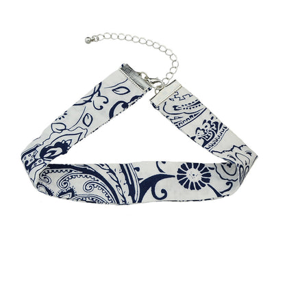 Boho Chic Jewelry 90s Blue Geometric Pattern Cloth Short Choker Necklace Collar-1