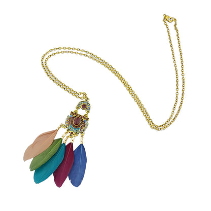 American Jewelry Ethnic Long Antique Gold Chain Colorful Feather Charm Necklace-2
