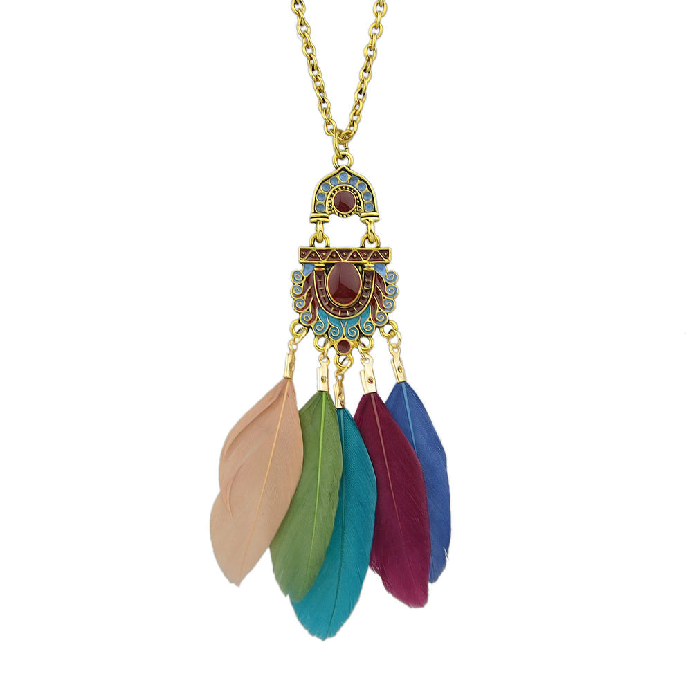 American Jewelry Ethnic Long Antique Gold Chain Colorful Feather Charm Necklace-0