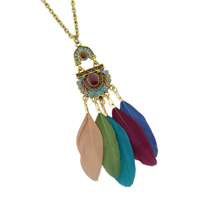 American Jewelry Ethnic Long Antique Gold Chain Colorful Feather Charm Necklace-1