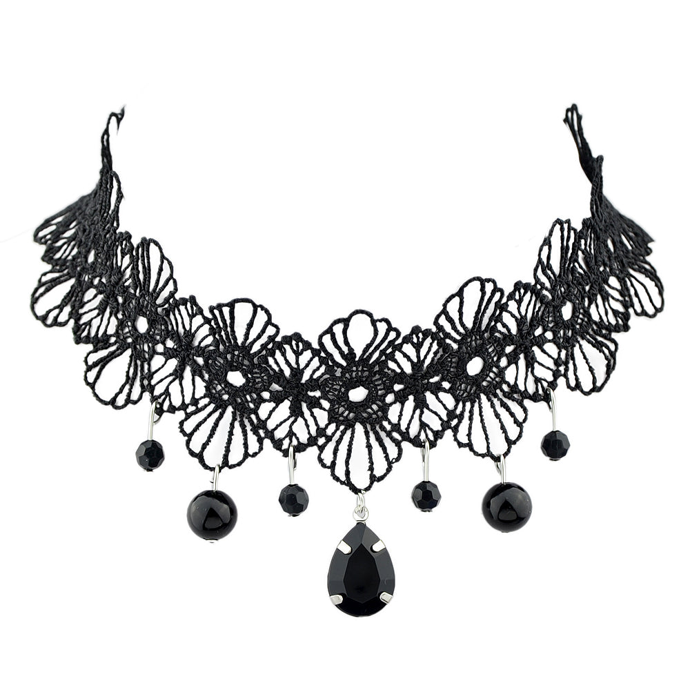 Black Lace Flower Water Drop Gothic 90s Tattoo Choker Necklace Halloween Jewelry-4