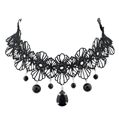 Black Lace Flower Water Drop Gothic 90s Tattoo Choker Necklace Halloween Jewelry-4