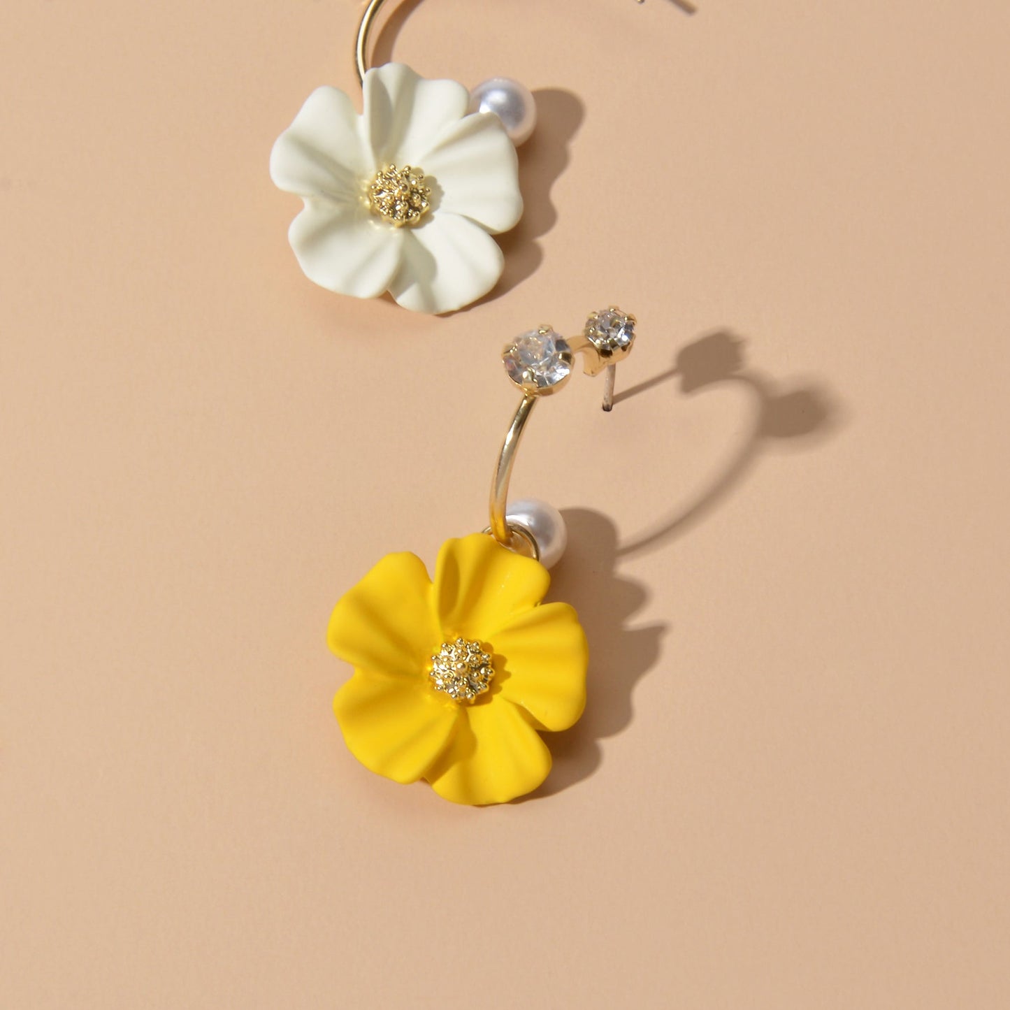 Ladies Jewellery Rhinestone Pearl Yellow Green Flower Asymmetric Dangle Earrings-4