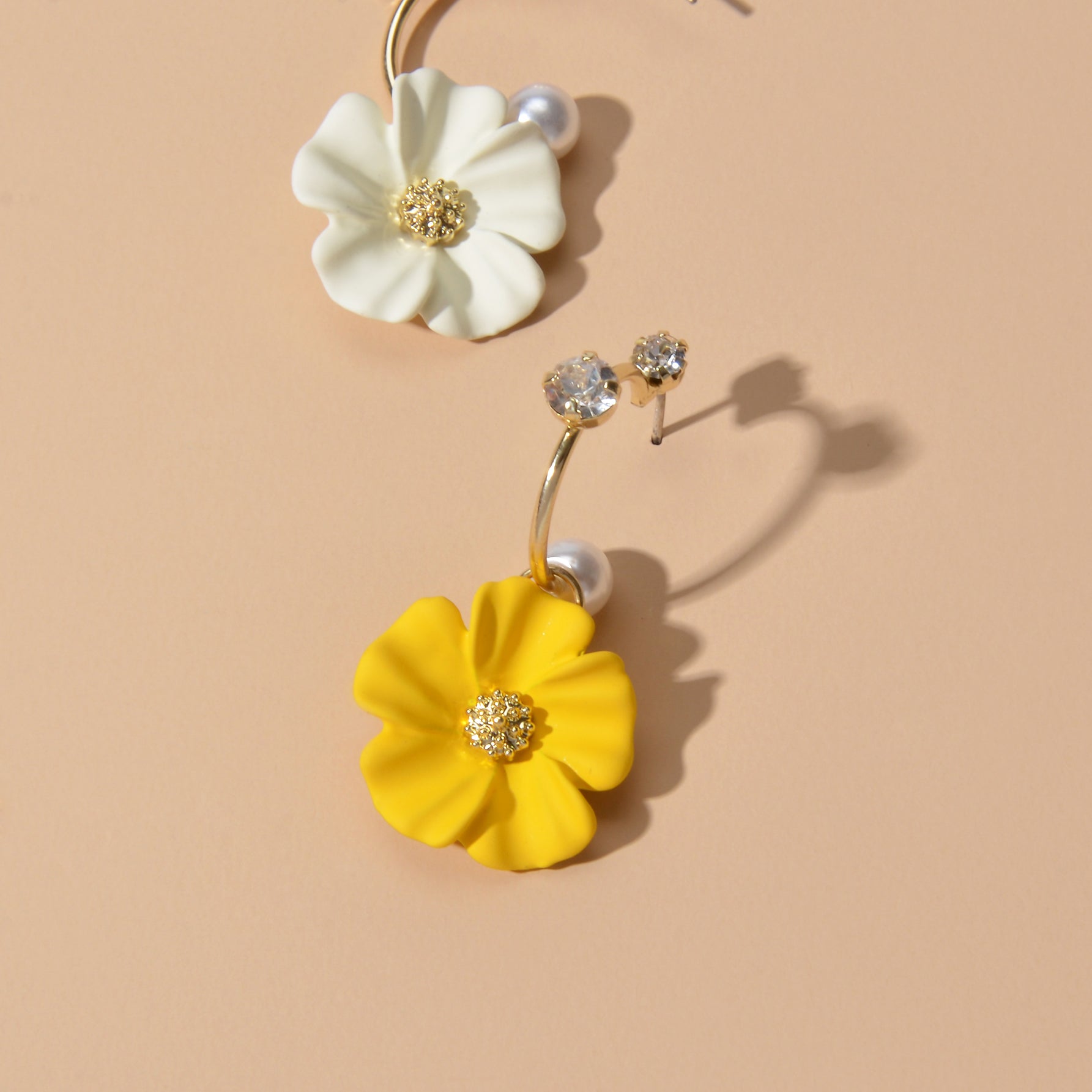 Ladies Jewellery Rhinestone Pearl Yellow Green Flower Asymmetric Dangle Earrings-4