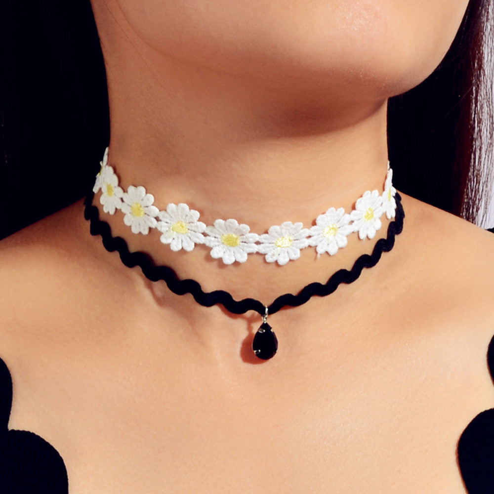 4 pcs Gothic White Black Flower Tattoo Choker Necklace Retro Punk 90s Collar-3