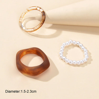 Multiple 3 pcs White Brown Resin Chunky Pearl Elastic Stackable Finger Ring Set-4
