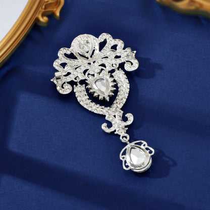 Luxurious Rhinestone Decor Silvery Flower Water Drop Design Brooch Pin Women Banquet Jewelry Accessories-1