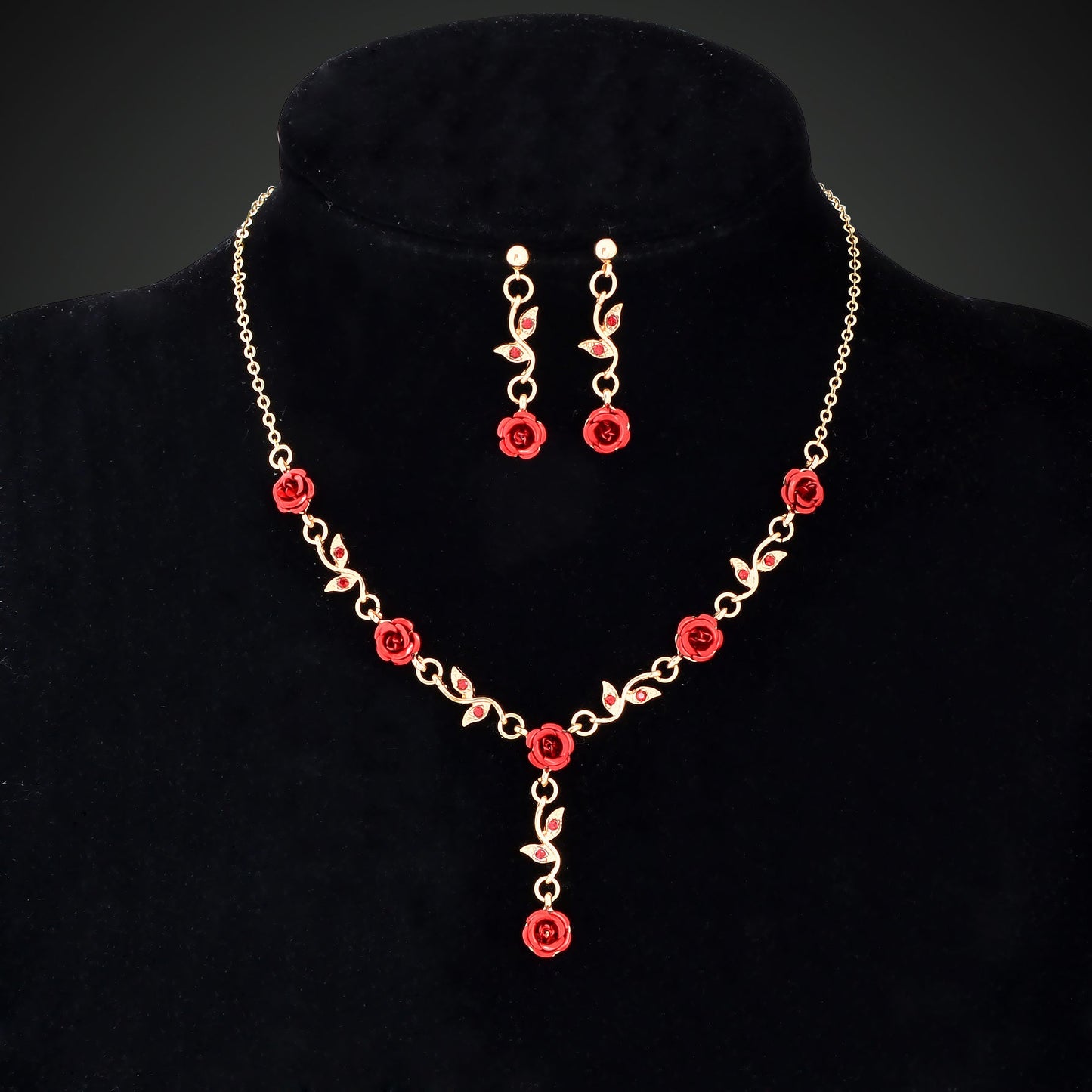 Golden Leaf Red Hot Pink Flower Pendant Necklace Dangle Earrings Jewellery set-4