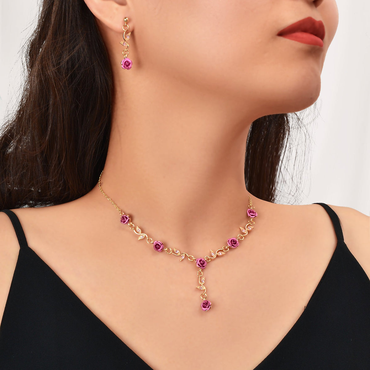 Golden Leaf Red Hot Pink Flower Pendant Necklace Dangle Earrings Jewellery set-1