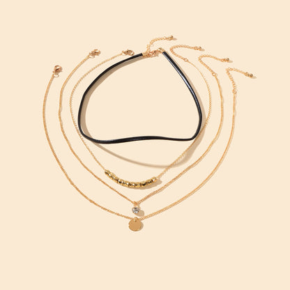 Punk Style 4pcs 90s Black Pu Leather Choker Gold Chain Round Disc Charm Necklace-2
