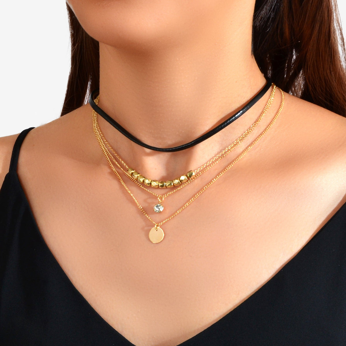 Punk Style 4pcs 90s Black Pu Leather Choker Gold Chain Round Disc Charm Necklace-0