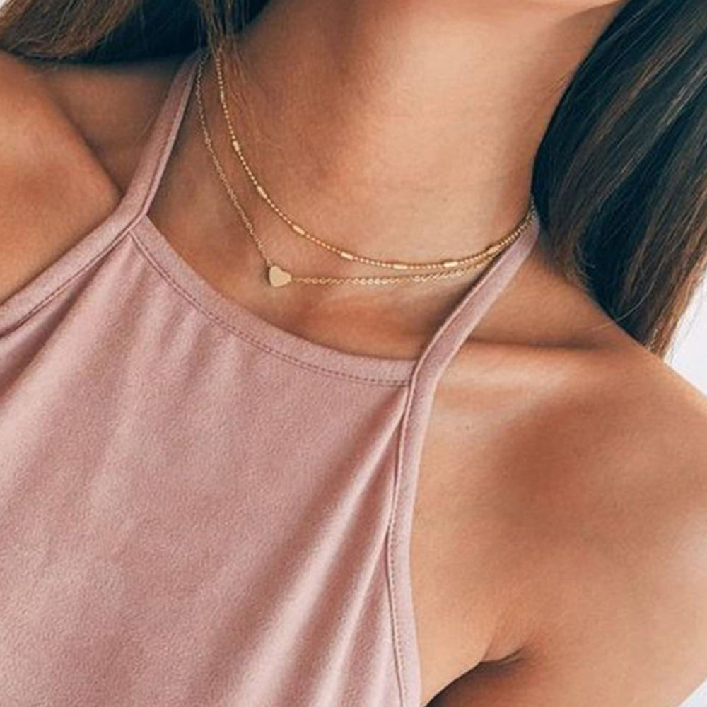 2 pcs Double layered Chain Heart Charm Necklace Fashion Women Gift Jewellery-0