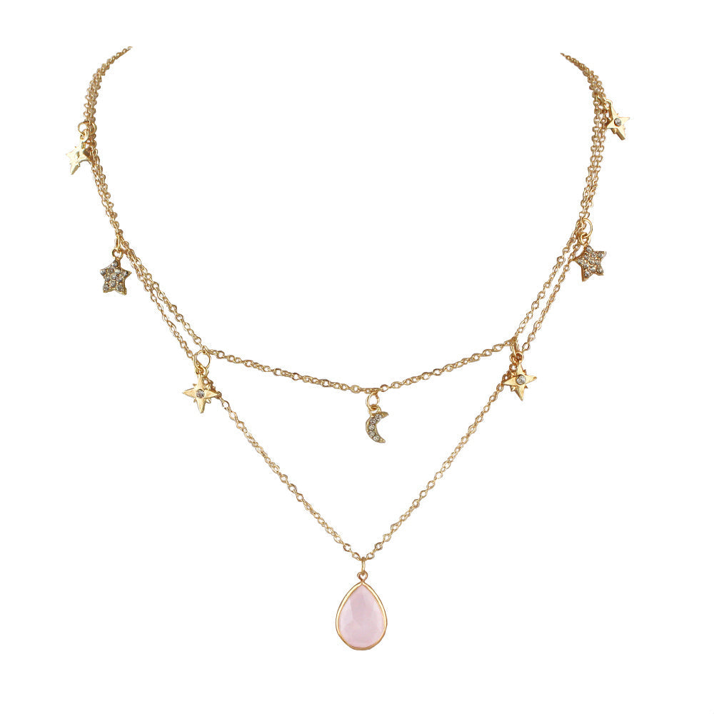 Fashion Double layer Gold Chain Rhinestone Star Moon Water Drop Pendant Necklace-0