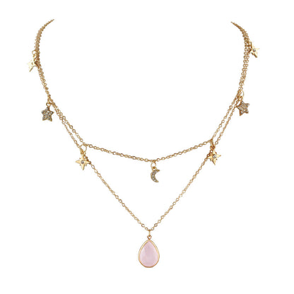 Fashion Double layer Gold Chain Rhinestone Star Moon Water Drop Pendant Necklace-0