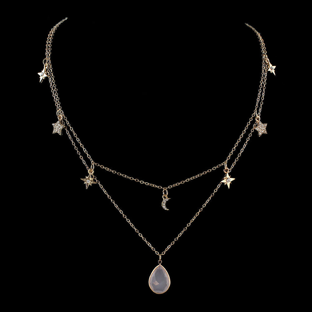 Fashion Double layer Gold Chain Rhinestone Star Moon Water Drop Pendant Necklace-1