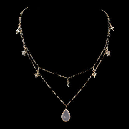 Fashion Double layer Gold Chain Rhinestone Star Moon Water Drop Pendant Necklace-1