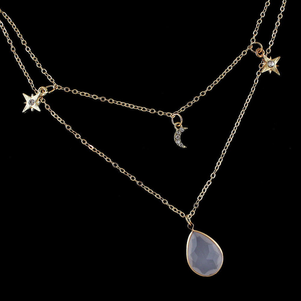 Fashion Double layer Gold Chain Rhinestone Star Moon Water Drop Pendant Necklace-2