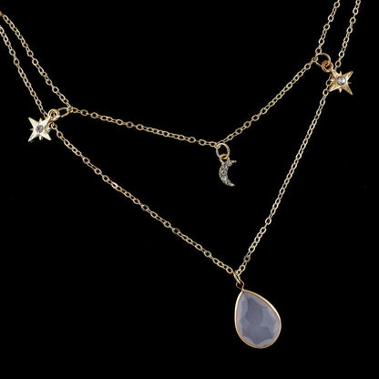 Fashion Double layer Gold Chain Rhinestone Star Moon Water Drop Pendant Necklace-2