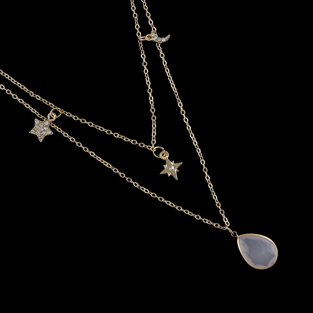 Fashion Double layer Gold Chain Rhinestone Star Moon Water Drop Pendant Necklace-3