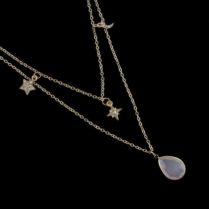 Fashion Double layer Gold Chain Rhinestone Star Moon Water Drop Pendant Necklace-3