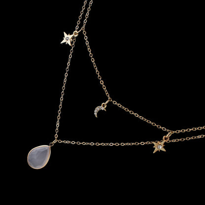 Fashion Double layer Gold Chain Rhinestone Star Moon Water Drop Pendant Necklace-4