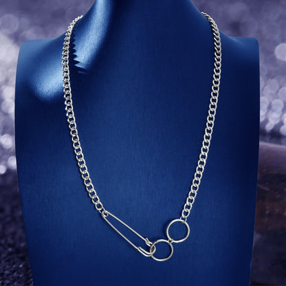 Gothic Street Silver Safety Pin Y-Shaped Punk Cuban Chain Ring Pendant Necklace-1