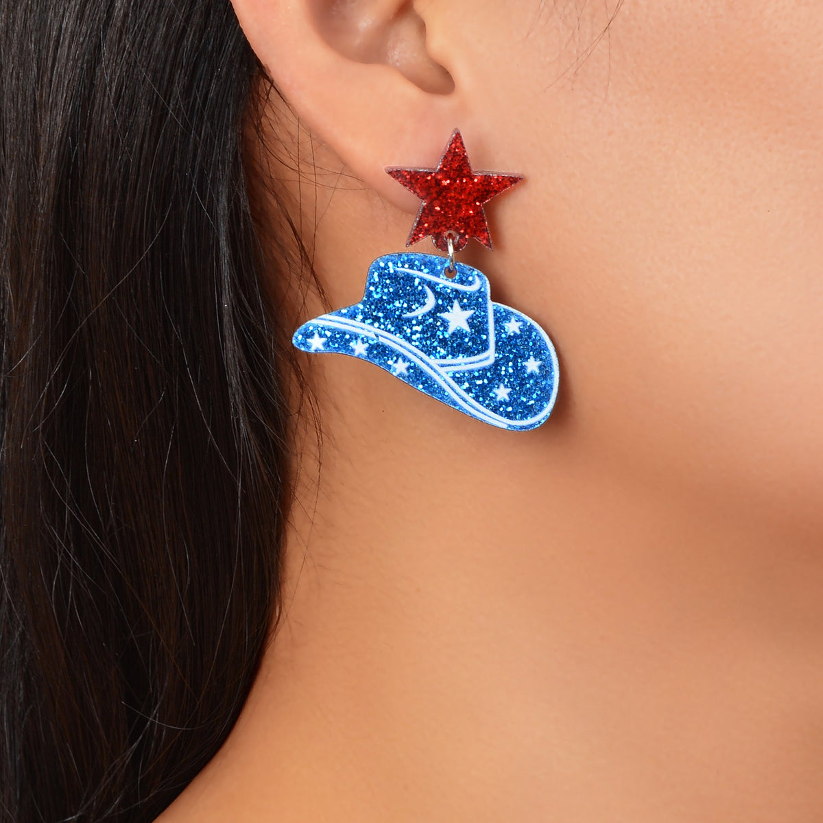 Designer Stylish Sequins Red Star Blue Cowboy Hat Acrylic Earrings Party Jewellery-0
