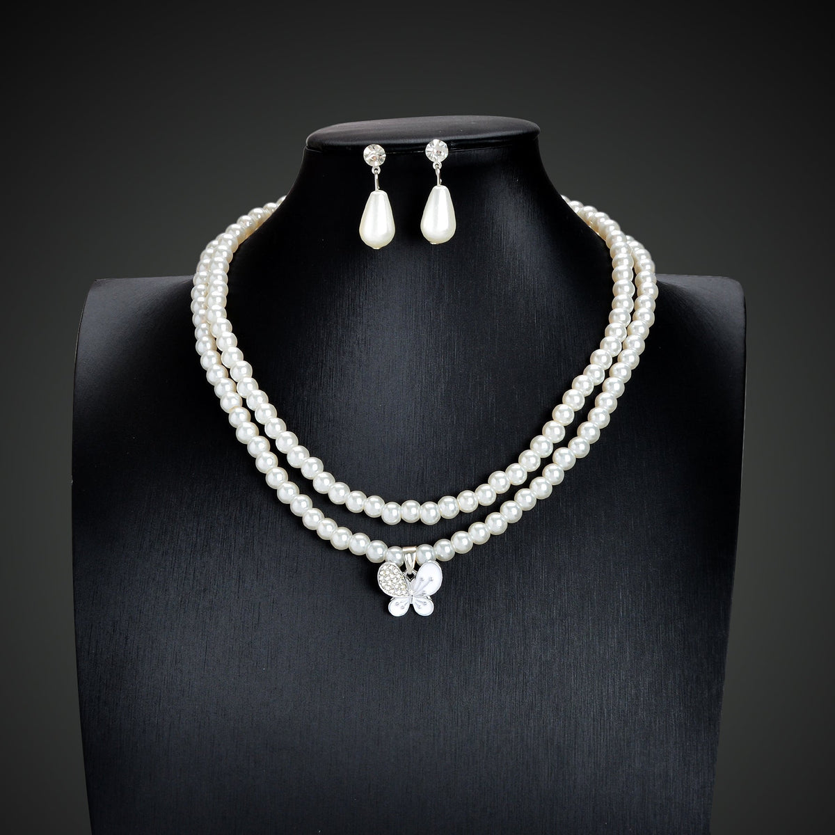 Imitation Pearl Double layered Necklace Water Drop Earrings Banquet Wedding Jewellery set-1