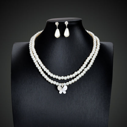 Imitation Pearl Double layered Necklace Water Drop Earrings Banquet Wedding Jewellery set-1