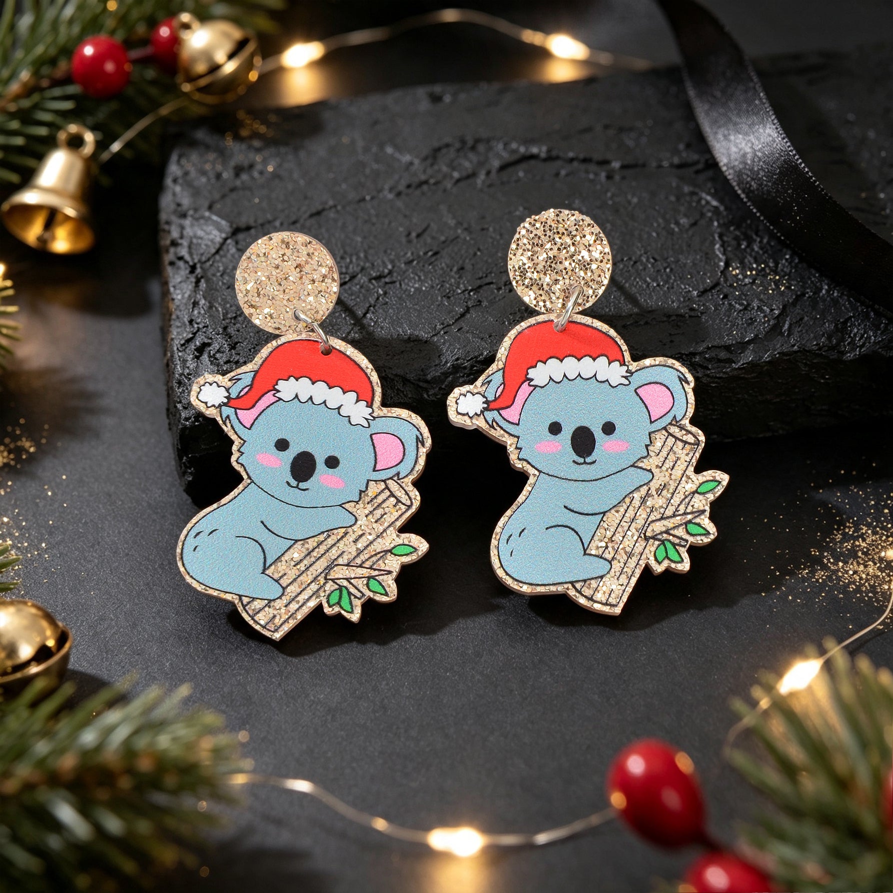 Christmas Santa Hat Koala Dangle Earring Cute Xmas Holiday Party Costume Jewelry-1