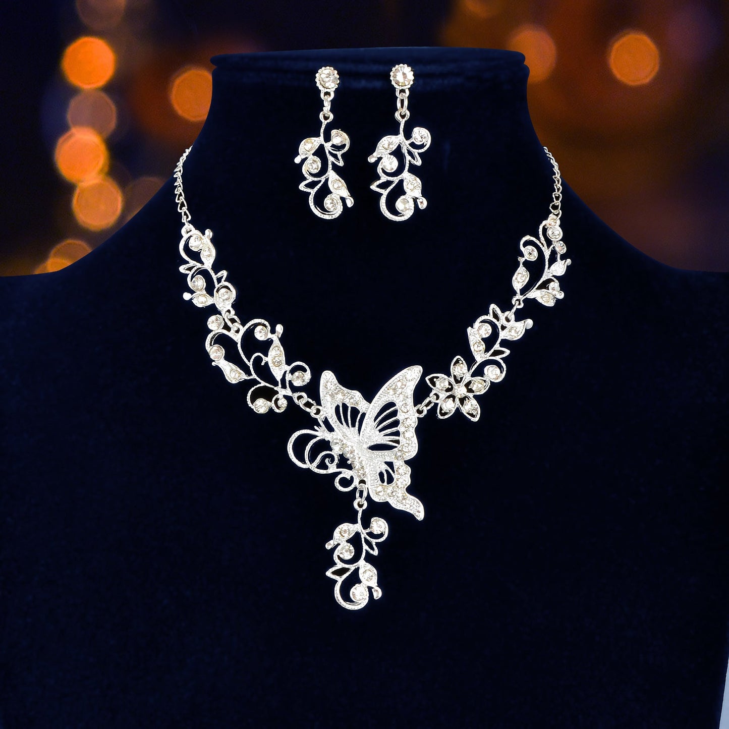 Anniversary Jewellery set Silver Flower Butterfly Collar Necklace Drop Earrings-1