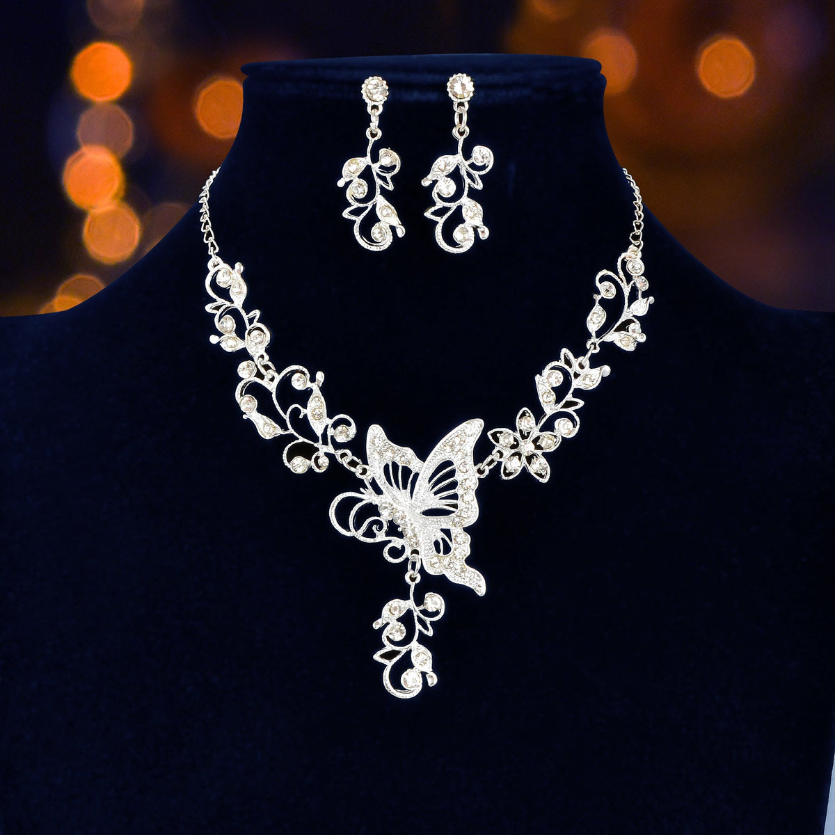 Anniversary Jewellery set Silver Flower Butterfly Collar Necklace Drop Earrings-1