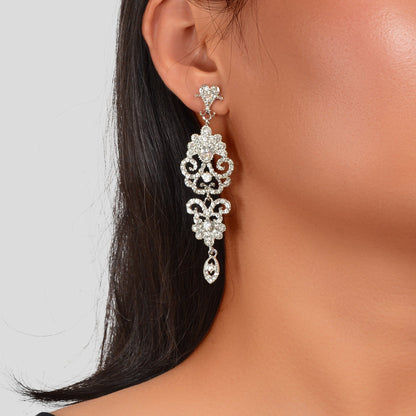 Luxury Rhinestones Silver Hollow Carving Pendant Earrings Banquet Wedding Jewellery-0