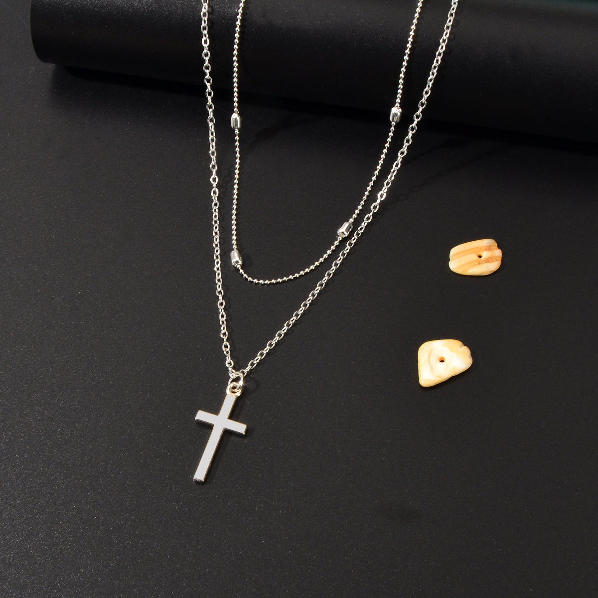 Punk Rock Style Double Layered Silvery Chain Cross Pendant Necklace Women Party Daily Jewelry-1