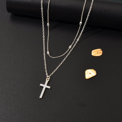 Punk Rock Style Double Layered Silvery Chain Cross Pendant Necklace Women Party Daily Jewelry-1