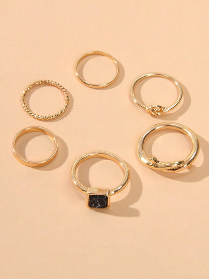 6 pcs Fashion Jewellery Black Stone Decor Gold Silver Midi Finger Knuckle Rings-2