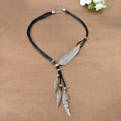1pc Western Bohemian Black PU Rope Handmade Antique Silver gold Feather Pendant Necklace Women Holiday Jewelry-2