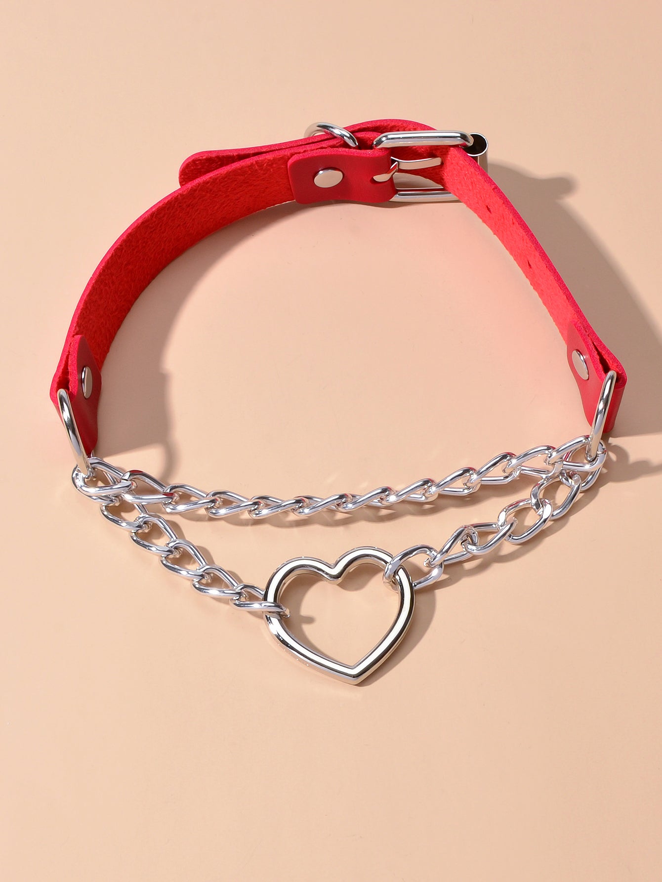 Double Layer Chunky Silver Chain Heart Charm Sexy Leather Choker Grunge Collar-3