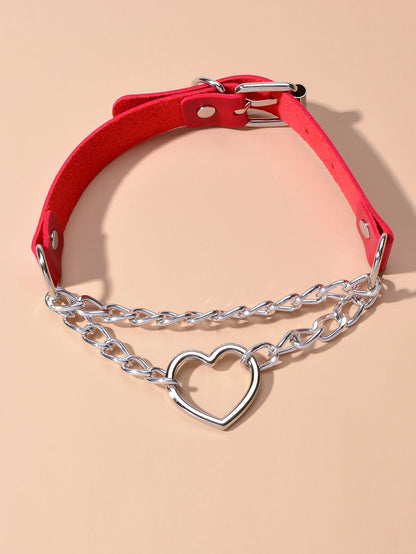 Double Layer Chunky Silver Chain Heart Charm Sexy Leather Choker Grunge Collar-3